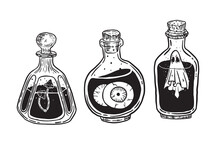 Hand Drawn Doodle Halloween Bottles With Magic Potions And Poisons Set