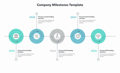 Leinwandbilder - Company milestones with five colorful stages. Simple flat template for data visualization.