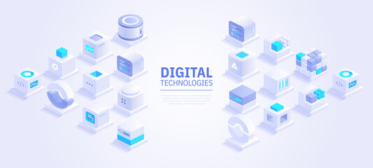 Wall Mural - web banner design of digital technologies concept. abstract isometric cubes with text place on white