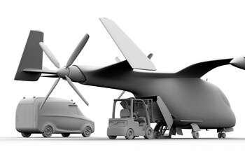  Clay rendering of Electric VTOL cargo delivery aircraft , van and forklift on gray background. 3D rendering image.