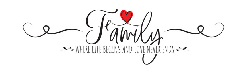 Wall Mural - Family where love begins love never ends, vector. Wording design, lettering. Scandinavian minimalist poster design, wall art decor, artwork, wall decals, love quotes, greeting card design