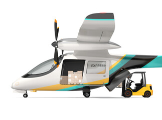 Wall Mural - Side view of Electric VTOL cargo delivery aircraft on white background. Forklift loading pallet at rear door. 3D rendering image.