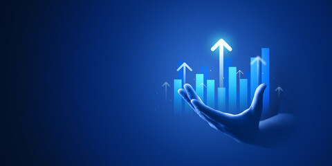 Wall Mural - Businessman hand plan growth business graph financial chart on improvement blue background with success investment diagram marketing strategy or increase arrow stock profit data and analysis market.