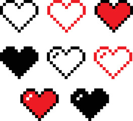pixel heart set icon on white background. red heart pixel logo. 8 bit health heart sign. vintage love symbol. flat style.