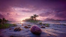 Seascape At Sunset, Purple Sky Glow. Plants On The Seashore