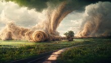 Natural Disaster With Storm Wind Swirls On A Summer Rural Landscape.