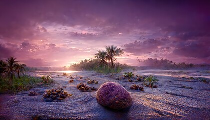 Poster - Seascape at sunset, purple sky glow. Plants on the seashore