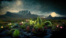 Mountain Night Landscape With Fantastic Plants, Night Starry Sky
