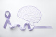 Light purple ribbon on a white background with a painted watercolor model of the human brain with space for text in honor of the day of epilepsy patients on March 26