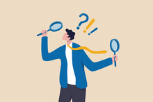 Observation Or Examination, Curiosity To Discover Secret, Search Or Analyze Information, Investigate Or Research Concept, Curious Businessman Holding Magnifying Glass Observe Data With Question Mark.