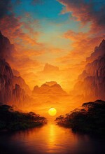 Tropical Rainforest Jungle With Intense Bright Sun. Epic Hazy Orange Yellow Clouds Dusk Sunset, Tall Towering Trees And Dense Amazon Vegetation With River Water Reflections. Surreal 80's Retro Art. 