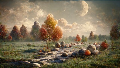 Sticker - Autumn landscape with bare trees and orange foliage on green grass, stones along the road