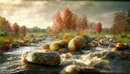 Wall Mural - Autumn landscape with a river with a rocky shore, orange leaves on the trees.