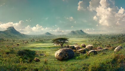 Wall Mural - Blue sky africa, green field with mountains in the distance