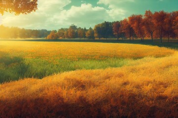 Landscape of an autumn day under a sunny sky. Orange trees and fields.