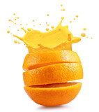 Fototapeta  - Sliced orange fruit with splash of juicy crown on white background. Conceptual food and drink picture. File contains clipping path.
