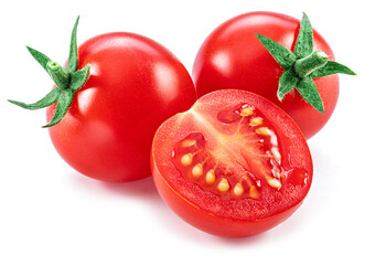 Wall Mural - Ripe cherry tomatoes isolated on white background. Macro shot. Popular worldwide product as ingredient in many Mediterranean dishes.