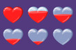 Heart icons vector isolated. Game art, set of life symbols. Full, half full and empty heart. Level of health indication.