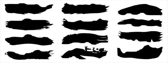 Wall Mural - Vector collection of artistic grungy black paint hand made creative brush stroke set isolated on banner background. A group of abstract grunge sketches for design education or graphic art decoration