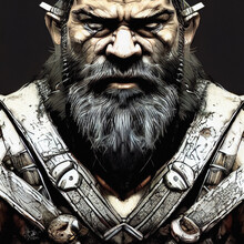 Portrait Of A Fierce Viking Dwarf Warrior, Fantasy Character, Digital Illustration