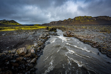 Wall Mural - river and country volcanic landscape with rocks, Iceland