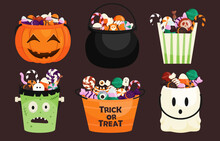 Halloween Buckets Of Various Shapes Full Of Sweets, Candies And Desserts. Sweets For Children In Pumpkin Bag, Bowler Hat. Vector Illustration In Flat Style