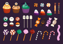 Halloween Sweet Set. Candy Bar For Trick Or Treat Party. Sweets For Children. Lollipops, Candy, Chocolate, Ghosts, Cupcake, Skull, Eyeball. Vector Illustration In Flat Style