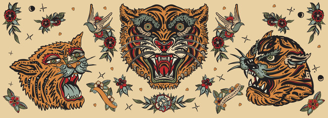 Wall Mural - Old school tattoo collection. Tigers. Asian wild cats. Traditional tattooing, japan style