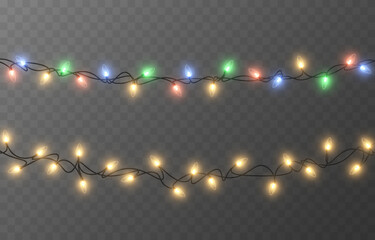 Vector Christmas garland on an isolated transparent background. Multicolored lights. Light, light garland PNG, Christmas decoration.