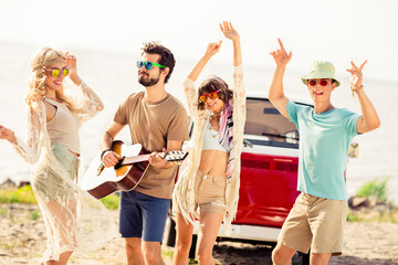 Canvas Print - Photo of group overjoyed positive people dancing have fun play acoustic guitar free time outdoors