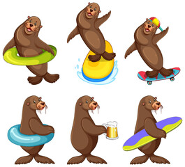 Wall Mural - set of different sea lions cartoon characters