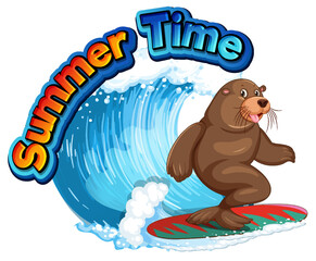 Sticker - Sea lion cartoon character with summer time word