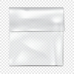 Clear plastic pouch on transparent background vector mock-up. Blank empty square fold top cellophane bag packaging mockup
