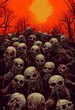 Large group of hungry undead zombies emerge from graveyard - on the prowl looking for victims and delicious brains to nibble on. Halloween creepy scary themed poster. Retrowave colors. 