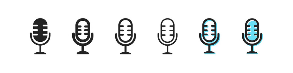 Wall Mural - Mic icon. Retro microphone vector symbol. Simple outline radio icon. Audio voice icons set. Sing, black and blue web icons. EPS10