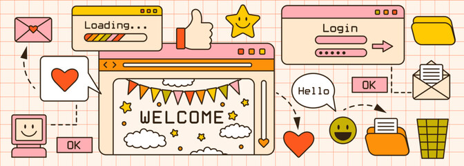 Vector banner with retro computer windows, screens, web browser and icons. Cute old desktop interface background. 90s and y2k digital aesthetic. Vintage frames, boxes, panels and folders