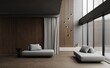  Modern dark and open space living room or hotel, grey sofa, natural oak acoustic slat wood panel on the wall. Hanging light. Two story hotel room. Panoramic floor to ceiling windows. 3d render