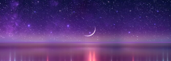 starry night at sea star fall nebula water reflection on horizon dark bright lilac blue background b