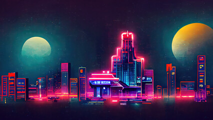 Wall Mural - neon lights city with skyscrapers at night as pixel art