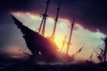 Wrecked, Destroyed Pirate Ship In The Ocean. Storm, Burning, Waves, Dark Sombre Digital Painting, Artwork.