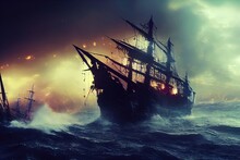 Wrecked, Destroyed Pirate Ship In The Ocean. Storm, Burning, Waves, Dark Sombre Digital Painting, Artwork.