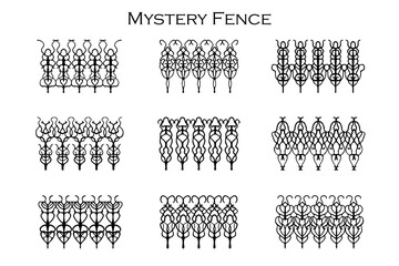 Wall Mural - Assorted spooky cemetery fence silhouettes. Assets isolated on a white background. Scary, haunted and spooky fence elements. Mystery Fence Vector 9 Halloween