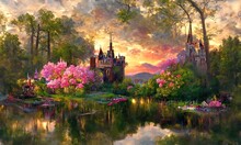 Old Castle In A Forest Reflecting In A Water Of Lake. Cloudy Sunset Sky. Beautiful Natural Wallpaper. Digital Painting Illustration.