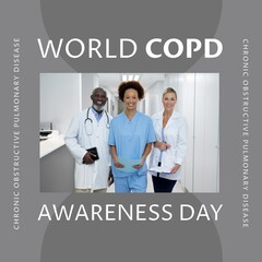 Sticker - Composition of world copd awareness day text with diverse doctors on grey background