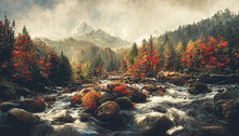 Spectacular Autumnal Forest Panorama With A Mountain Range In The Distance, Bright Orange Leaves On The Forest Floor, And A Rushing Creek Bordered By Woods. Digital Art 3D Illustration.