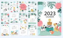 Cute Calendar 2023 With Safari For Children.Can Be Used For Printable Graphic