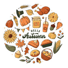 Wall Mural - Hello Autumn lettering quote decorated with seasonal doodles, clipart. Good for cards, posters, prints, stickers, banners, invitations, etc. Thanksgiving, harvest theme. EPS 10