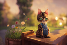 Illustration 3d Cute Tiny 3d Cat In The Backyard