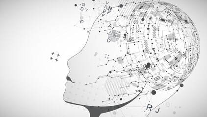 Artificial Intelligence. Technical background with a silhouette of a man. Big data concept. Machine cyber mind.