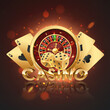 Golden letters casino, roulette wheel and cells, gold dices, playing cards on black background with golden light, rays, glare, sparkles. Vector illustration for casino, game design, advertising.